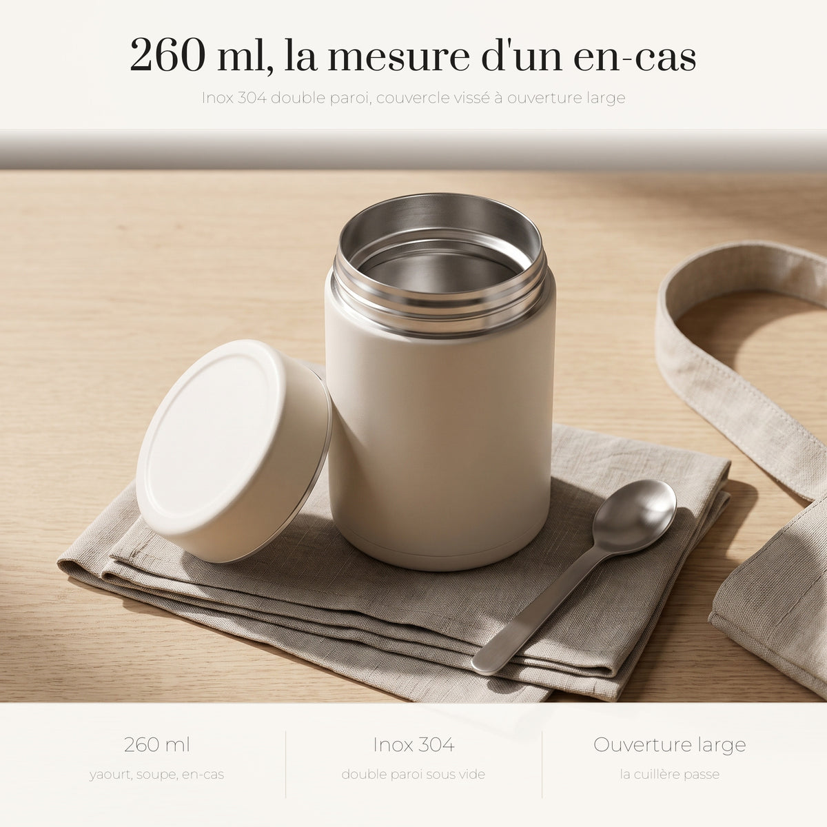 Le petit pot isotherme de 260 ml, couvercle ouvert, inox 304 double paroi