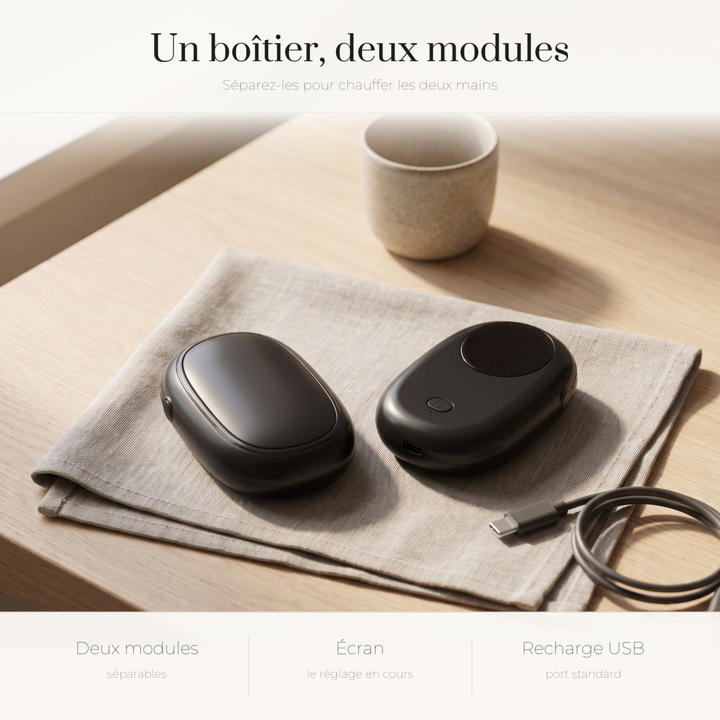 Le boîtier du chauffe-mains de poche séparé en deux modules, sur une table en chêne