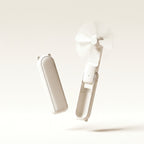 Ventilateur de poche pliable Hélios, coloris Blanc, vue plié et déplié, fond crème