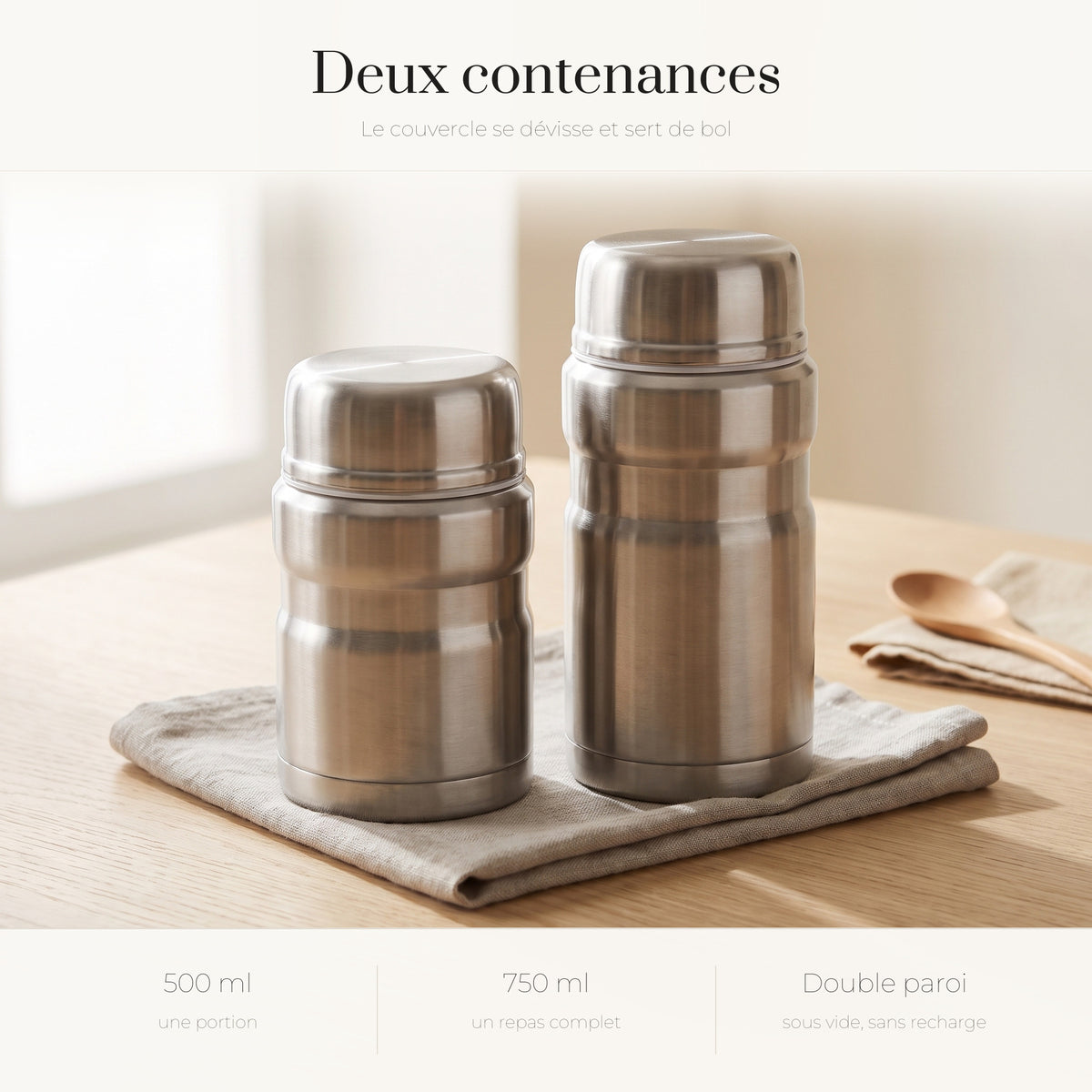 Les deux contenances du pot-repas isotherme côte à côte : 500 et 750 ml