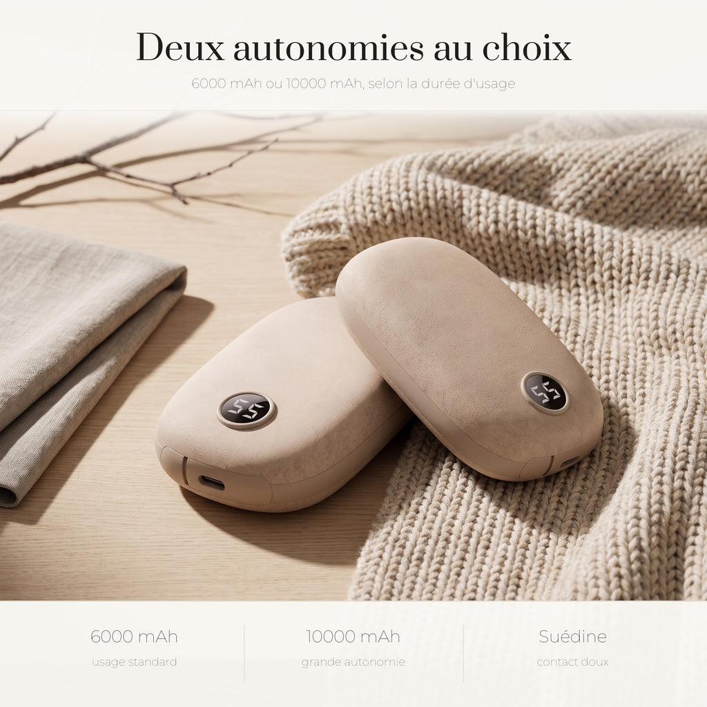 Les deux capacités de batterie du chauffe-mains en suédine : 6000 et 10000 mAh