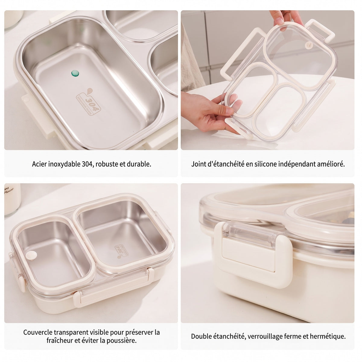 Inox 304, joint silicone, couvercle transparent, double verrouillage