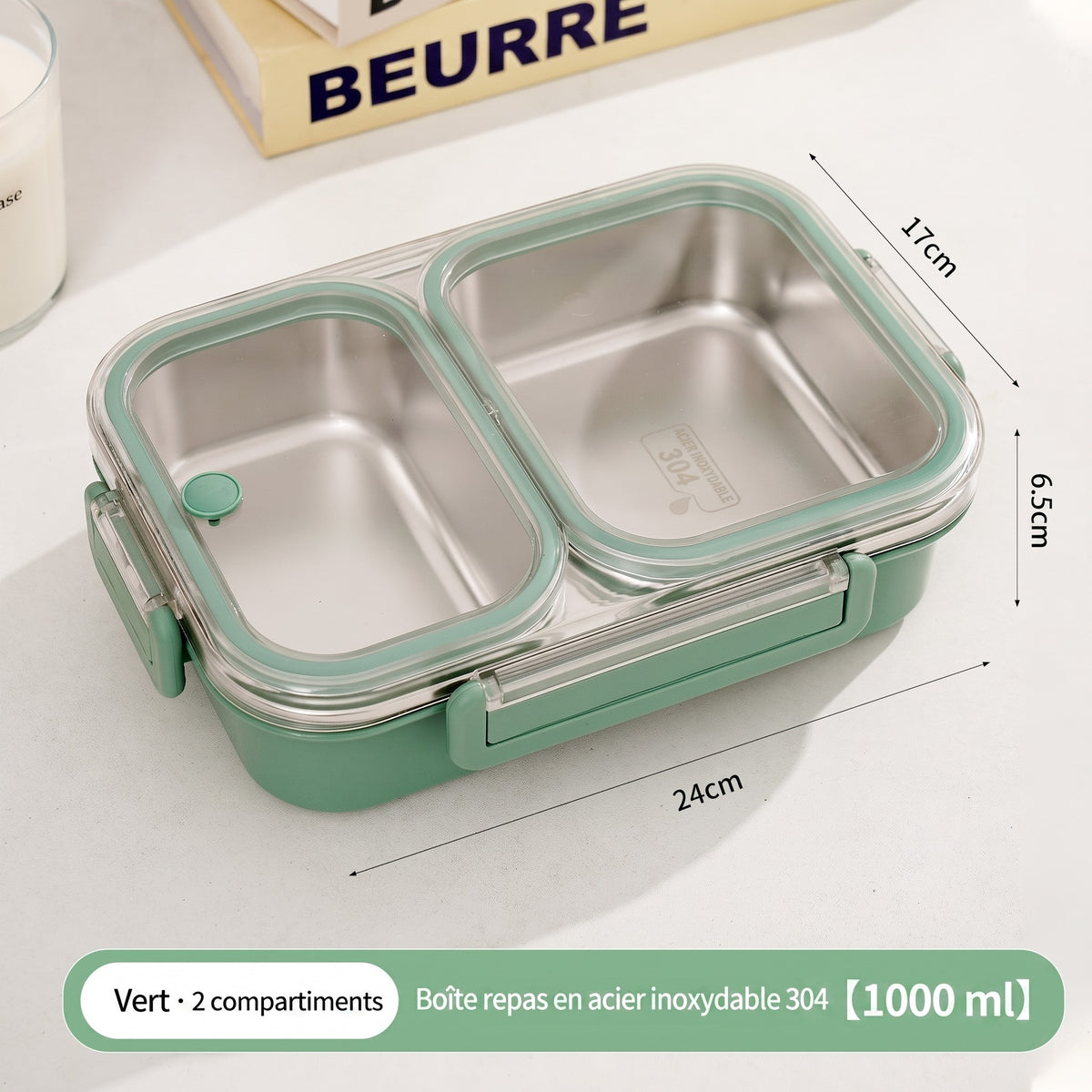 Packshot trois-quarts de la boîte verte 2 compartiments, cotes et bandeau.