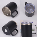 Quatre vues détail du mug noir : intérieur inox, couvercle à clapet, fond antidérapant, en situation