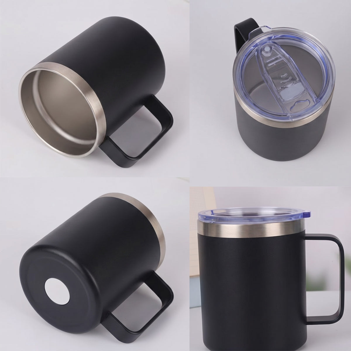 Quatre vues détail du mug noir : intérieur inox, couvercle à clapet, fond antidérapant, en situation